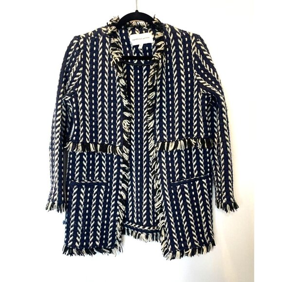 Cupcakes and Cashmere Tweed Fringed Knit Coat Navy Black White Fringe Size Small - Picture 4 of 11